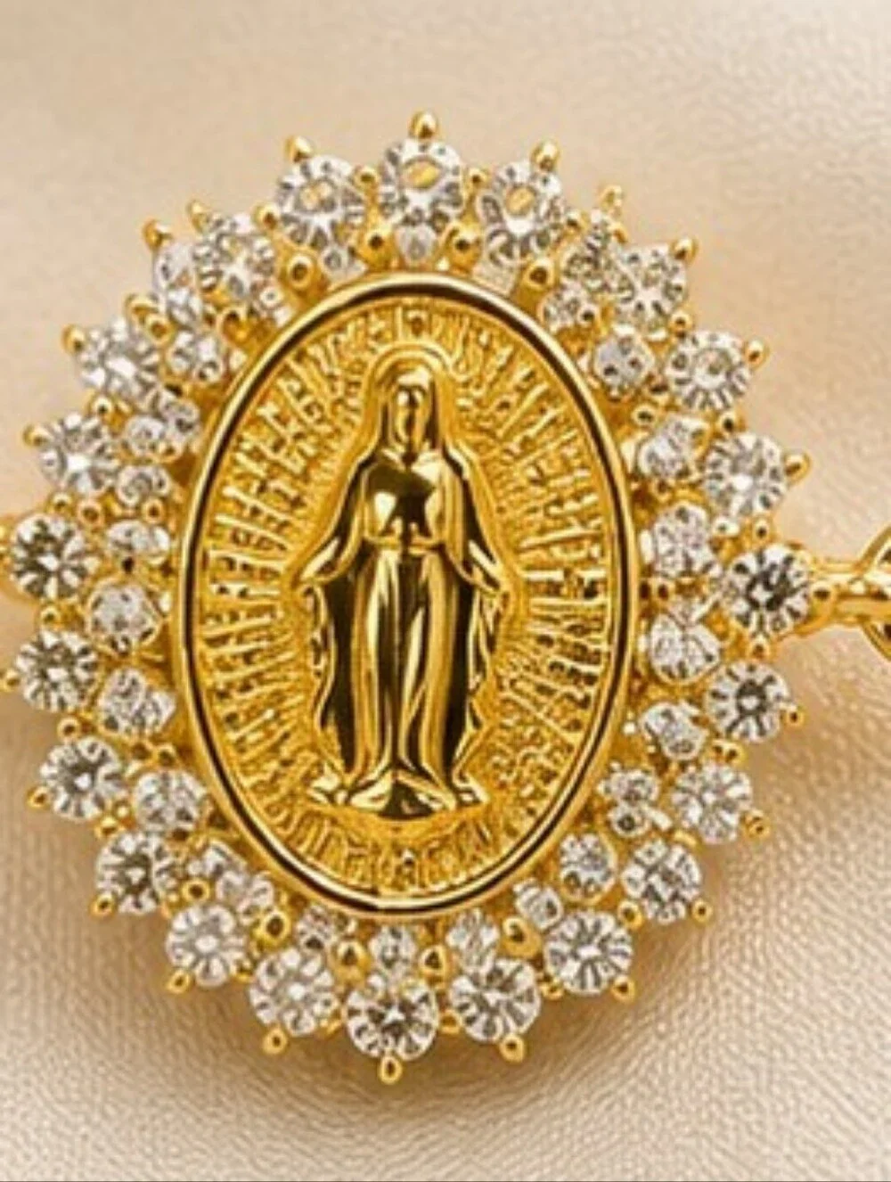 18K Gold Over Stainless Steel Miraculous Medal Bolo Bracelet CZ Halo Adjustable